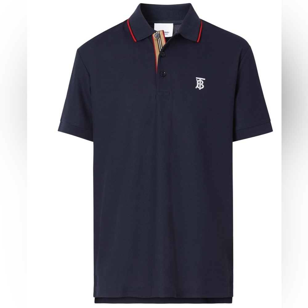 Men’s Burberry Icon Stripe Placket Piqué Polo Shirt Navy Blue